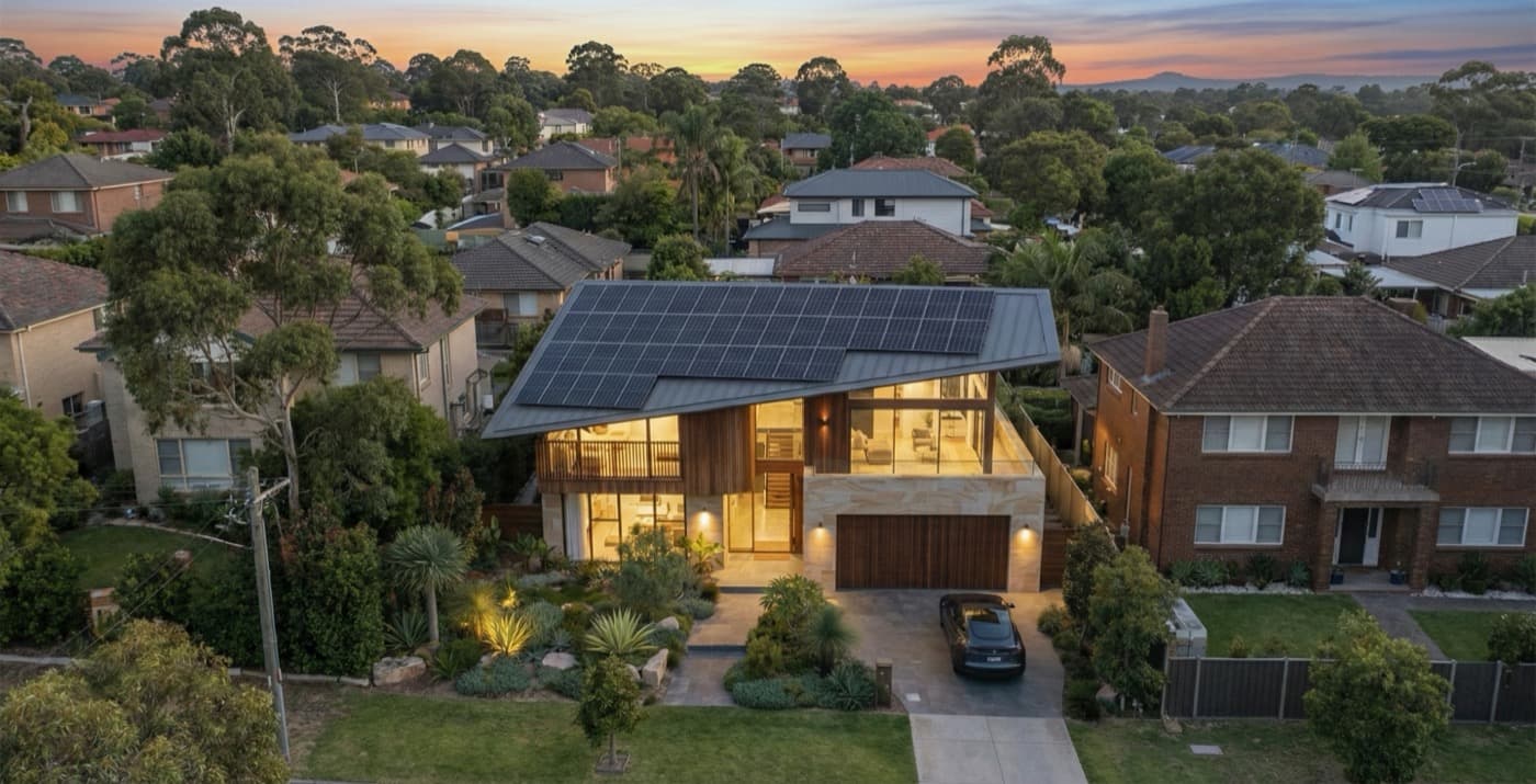 Modern Australian home with solar panels at sunset