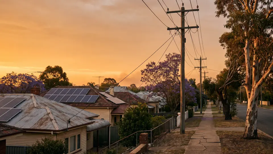An Australian suburban street at sunset, with solar panels on several roofs